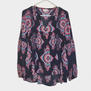 Crown & Ivy Navy Pink Boho Peasant Top Small